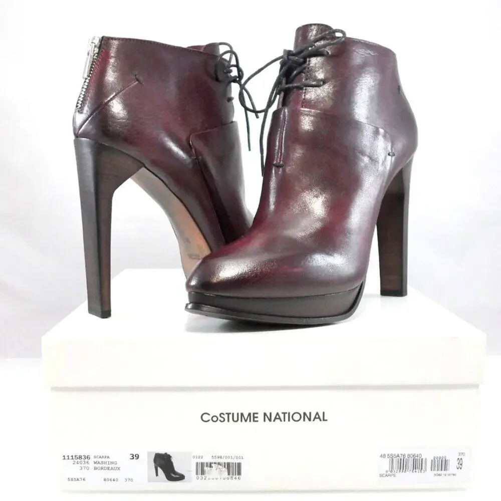 NIB$995 CoSTUME NATIONAL LACED LEATHER ANKLE BOOTS PLATFORM HEELS 39 9